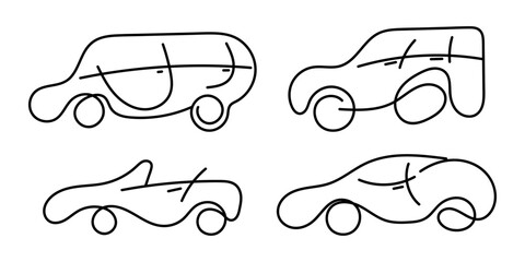 Cartoon car hand drawn with one line, doodle car line icon. Transport symbol. Vector illustration isolated on white background.