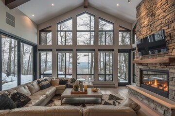 Modern living room with big window.