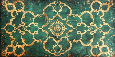 Intricate Stencil Background Pattern of an Arabesque Tile in Emerald and Gold created with Generative AI Technology