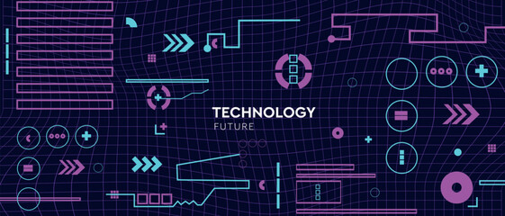 Pattern technology in cyberpunk style. Abstract 3d network for social media posts, mobile apps, cards, invitations and banners design. Vector illustration.