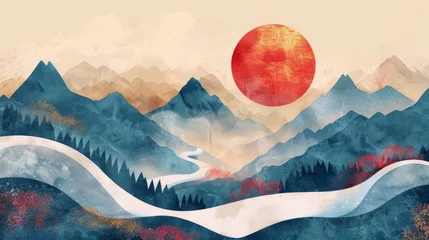 Fototapeten Japanese wave pattern modern landscape background. Abstract template with curve element. Vintage mountain forest layout design. © Mark