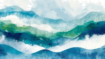 Modern abstract art landscape banner with watercolor texture. Blue and green brush strokes texture with Japanese ocean wave pattern in vintage style.
