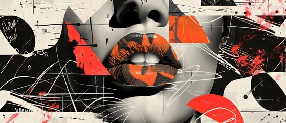 A collage poster with doodles on a blackboard. Spitballs with blah blah text. A beautiful woman with paper lips cut out of it. Modern illustration. Modern vintage pop art.