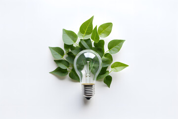 Green energy concept with a light bulb and leaves on a white background, top view