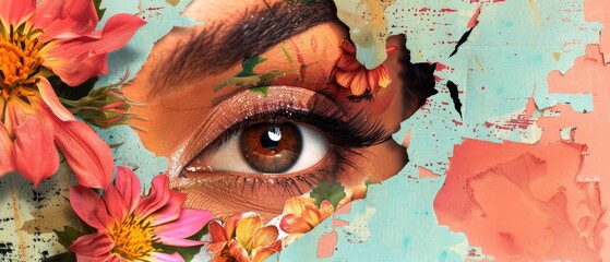 An illustration of collage eyes with flowers. The bright flower is made from a paper cutout of a woman's pupil.