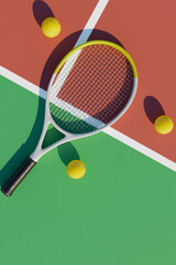 Tennis racket and ball on the court. 3d rendering