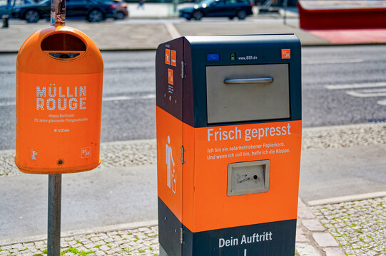 Berlin, Germany - May 8, 2020: Solar-powered waste compactor at Potsdamer Platz in Berlin.