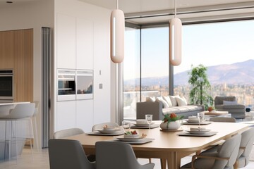 Stylish modern dining room with city view through large windows