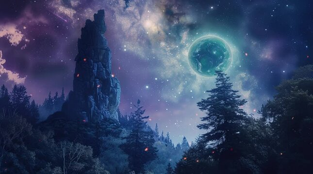 Full moon illuminating the dense forest from the vantage point of a tall tree
 Seamless looping 4k time-lapse virtual video animation background. Generated AI