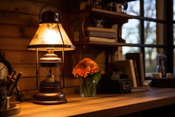 Vintage lamp on a wooden desk with rustic decor