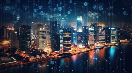 Fototapeta na wymiar Abstract technology icons, night aerial panoramic cityscape of Singapore, Asia. The concept of innovative approach to optimize international business process.