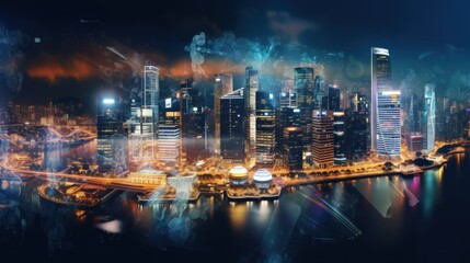 Abstract technology icons, night aerial panoramic cityscape of Singapore, Asia. The concept of innovative approach to optimize international business process. - obrazy, fototapety, plakaty