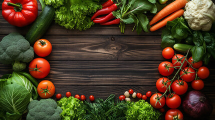 Frame of fresh organic vegetables on wood background. Healthy natural food on rustic wooden table with copy space. Tomato, lettuce, carrot, pepper, zucchini and other cooking ingredients top view - Powered by Adobe