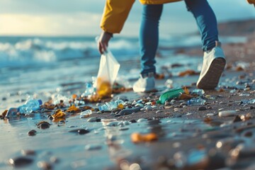 Volunteer Cleaning Beach to Save the Oceans