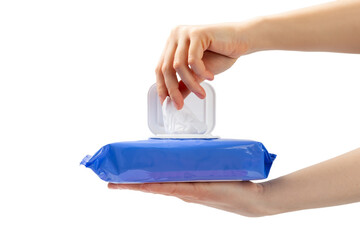 Pack of wet wipes in hands isolated on white background. An open pack of hand and body wipes....