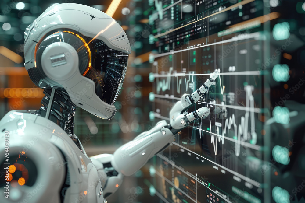 Poster Close up of robot hand pointing a financial transparent graph screen. Generative AI.