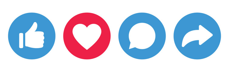 like icon button , thumb up icon , love and heart icon , comment icon , repost and share icon button. Social media elements