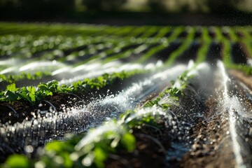 Modern Farming Technique: Drip Irrigation System Watering Young Crops - obrazy, fototapety, plakaty