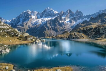 Fototapeta na wymiar Serene Alpine Lake and Snowcapped Peaks, Panoramic Landscape