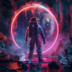 astronaut in a suit observing a neon portal in space in high resolution and high quality. astronaut CONCEPT