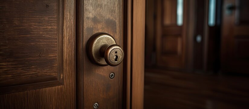 This image features a detailed shot of a door handle attached to a sturdy wooden door