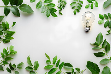 Top view green energy concept with a light bulb and leaves isolated on a white background with copy space for text 