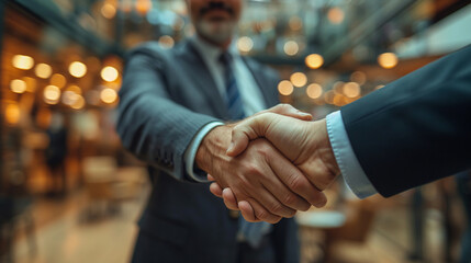Focused View of a Business Handshake in a Busy Corporate Environment - obrazy, fototapety, plakaty