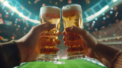 Toasting Beer Glasses at a Soccer Stadium