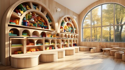 A colorful library with colorful cushions and bookshelves. iInterior Design