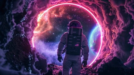 astronaut in a suit observing a neon portal in space in high resolution and high quality. CONCEPT astronaut,portal,neon