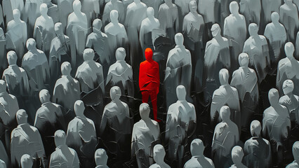 Obraz premium Stand Out: A Red Figure Amidst a Crowd of White