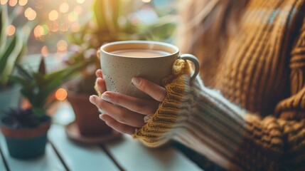 Close-up hands woman wearing sweater suit holding one coffee cup on working desk with sunlight...