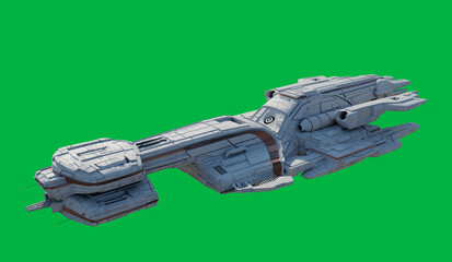 Large Battle Cruiser Spaceship with White and Orange Colour Scheme Isolated on a Green Screen Background - Side View, 3d digitally rendered science fiction illustration