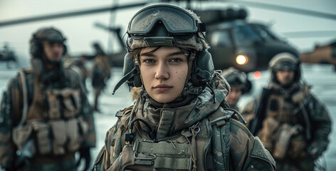 Fototapeta premium Futuristic military portrait taken in front of helicopter. Generative AI.