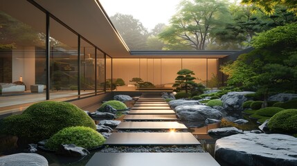 Exterior view of an minimalist villa with very nice Japanese garden landscape. Generative AI.