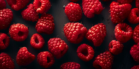 A pile of raspberries wide view image. Generative AI.