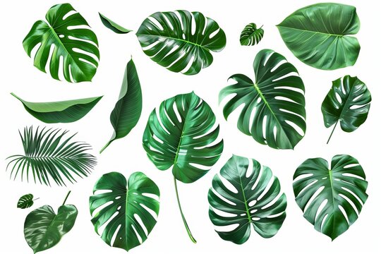 Set of green monstera leaf on white background
