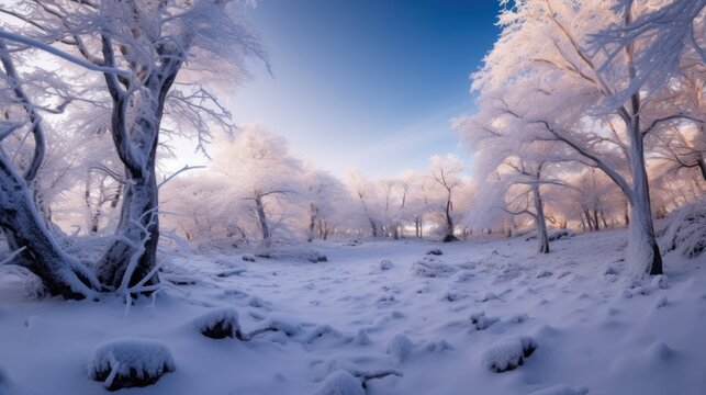 A wide angle shot of the trees in the snowdrifts that are covered in frost. enchanted winter forest Natural setting with a lovely sky.