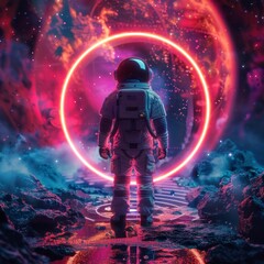 astronaut in a suit observing a neon portal in space in high resolution and high quality. CONCEPT astronaut,portal,neon,space,galaxies,man,planet,alien