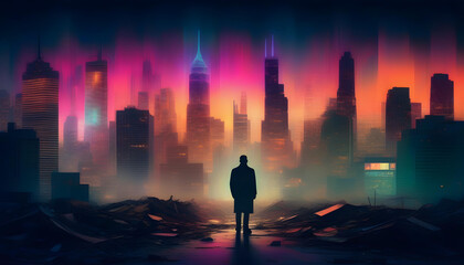 A person standing in a glitchy, neon-lit landscape in a vintage photograph style