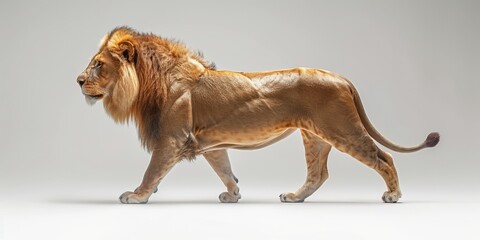Obraz premium Walking majestic king, a strong and mighty lion isolated on white background.