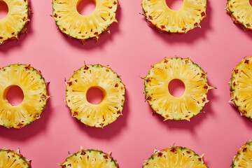 Top view circular sliced pineapples. Juicy. tropical fruit background. Generative AI.