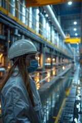 A female engineer in protective gear overseeing production in a modern industrial factory setting. - obrazy, fototapety, plakaty