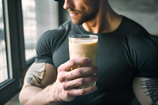 fitness enthusiast holding protein shake with cbd additive