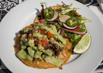 carne asada vampiro tostada and fish taco on a plate at a mexican restaurant (green avocado sauce, lime, white plate) garnished with radishes, jalapeno peppers, pico de gallo, tomatos onions cilantro