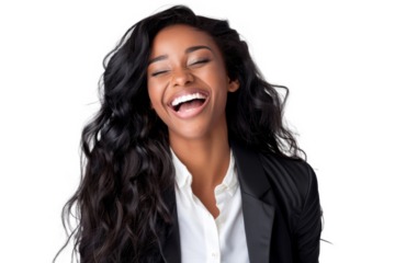 Portrait of beautiful African American Business woman wearing suit and shirt posing with smart and confidence isolated on transparent png background.