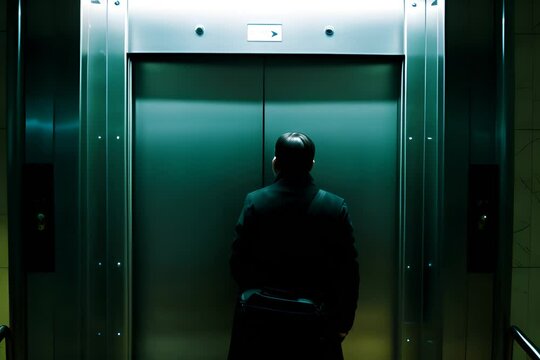 person with a briefcase looking at the elevator floor indicator