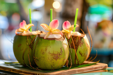 Coconuts on the beach with straws.