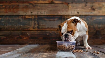 Cute pug and bowl of food on the floor at home - obrazy, fototapety, plakaty