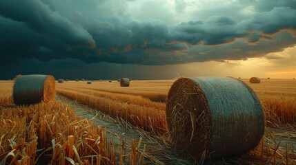 Field of corn bales under stormy sky. Generative AI.